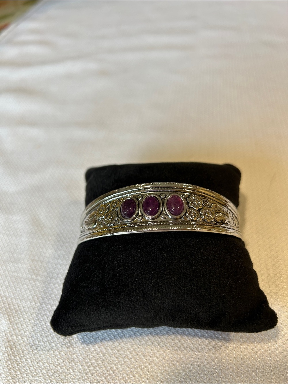 Silver Floral Cuff Bracelet with Purple Stones